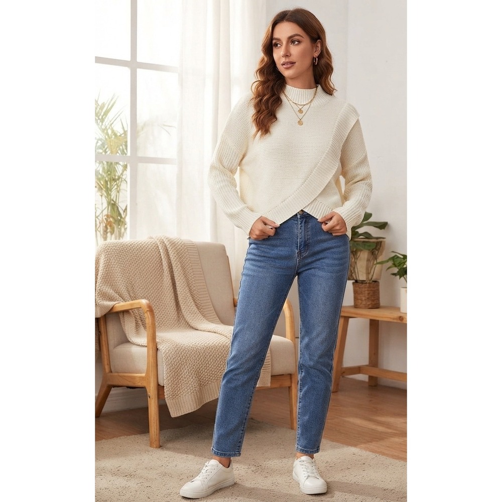 Shein White Crossover Tulip Hem Mock Neck Knit Sweater Drop Shoulder Cream S